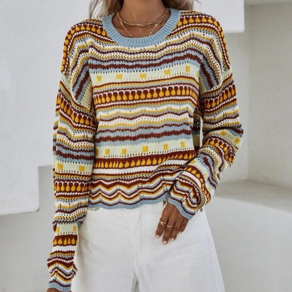 Boho striped pointelle knit sweater - Picture 5 of 6